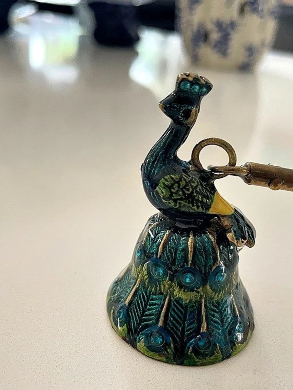Peacock Snuffer Enamel and Brass in Green & Gold Stones